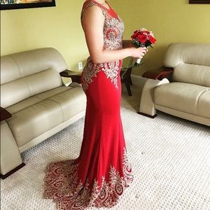Red and Gold Gem Embroidered Prom Dress